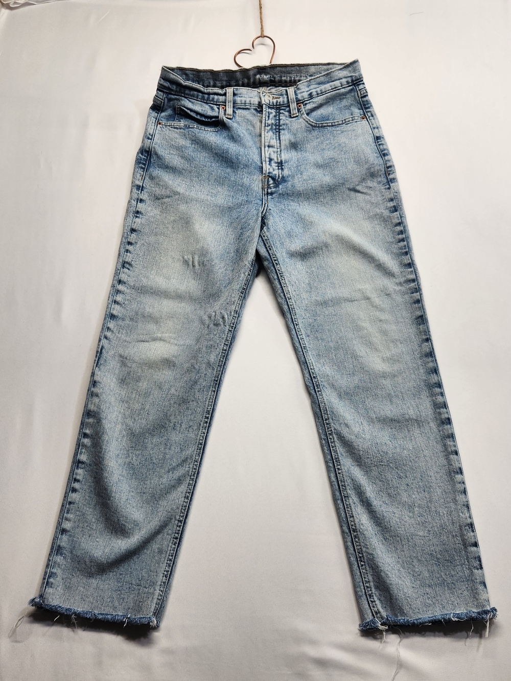 ⭐️Old Navy Sky Hi Straight Leg Jeans High Rise Button Fly Light Wash Raw Hem 12